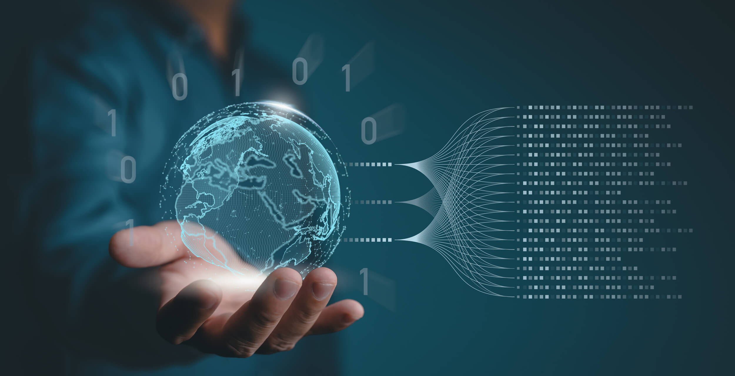Ein Geschäftsmann zeigt einen digitalen Globus mit binärem Code, der die Schnittstelle zwischen Daten und Technologie darstellt. symbolisiert.