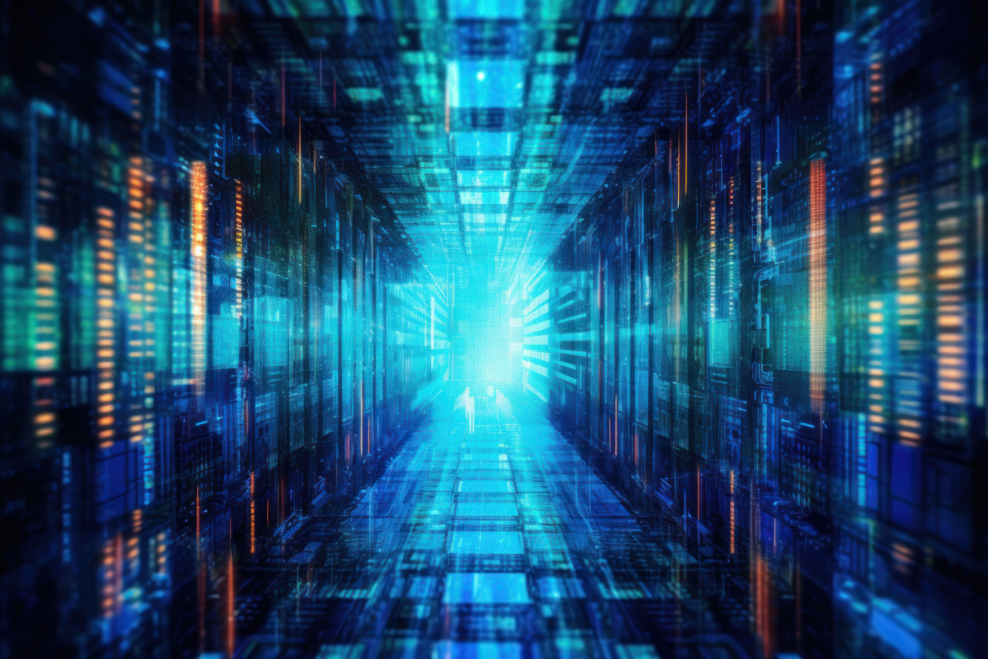 Digitaler Datenkorridor mit Serverreihen für moderne Datenspeicherung wie Data Lakes oder Warehouses